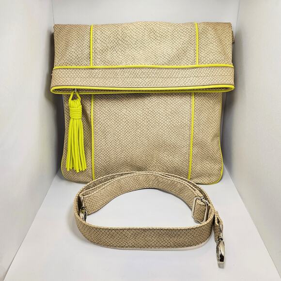 Poppie Jones Snakeskin Printed Tan & Yellow Fold Over Zippered Tote Bag - Picture 1 of 8